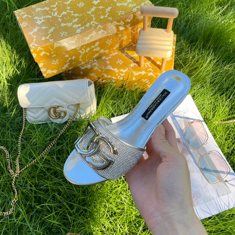 Metal Buckle Rhinestone Slippers